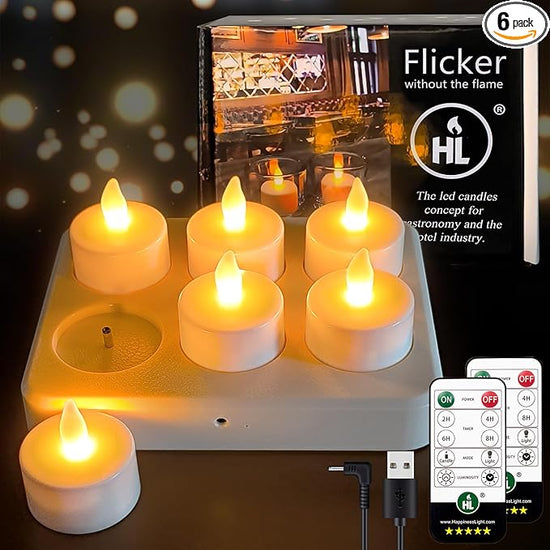 HL Flame-Free Candle Set with Remote Control and Charging Base, 6/12-Pack Rechargeable Battery-Powered Tea Candles