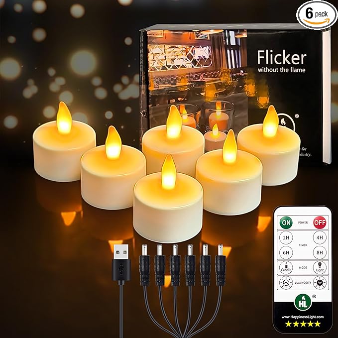 HL Flame-Free Tea Candle Set with Remote Control and Charging Base for Wedding, Home, and Party Decorations - 6/12-Piece Pack