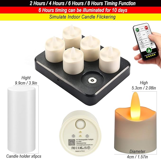 HL Rechargeable LED Tea Light Candles -6/12-Pack for Weddings, Halloween, Christmas Decor, and Emergency Lighting