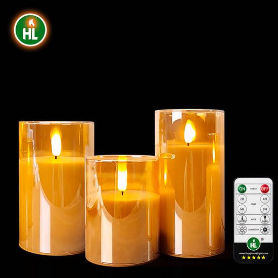 HL Gold Glass Flameless Candles - Realistic Wax Appearance, 3-Pack for Parties, Weddings, and Holiday Table Decorations