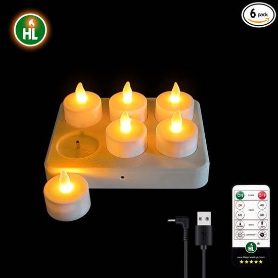 HL Flame-Free Battery Operated Tea Lights Set with Remote Control and Charging Base, 6/12-Pack Rechargeable Candles