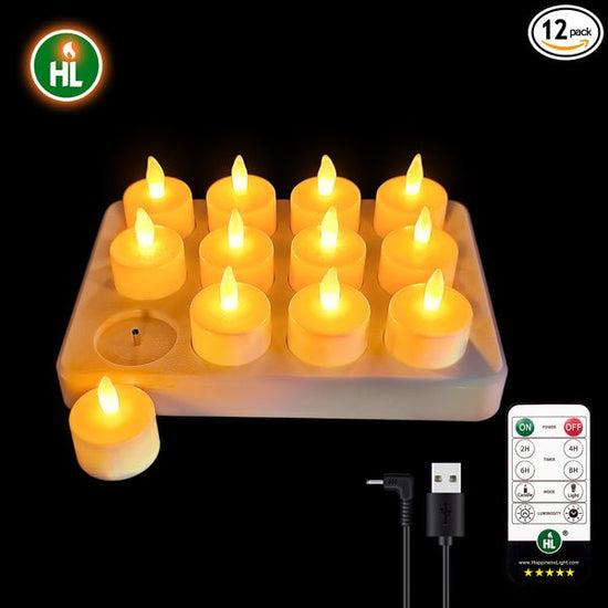 HL Flame-Free Battery Operated Tea Lights Set with Remote Control and Charging Base, 6/12-Pack Rechargeable Candles