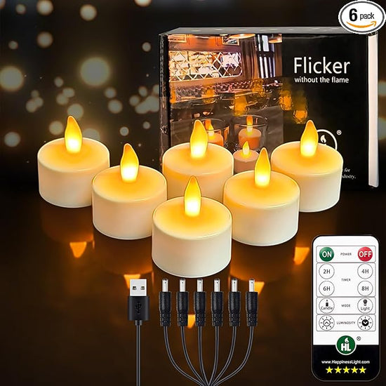 HL Flame-Free Tea Candle Set with Remote Control and Charging Base for Wedding, Home, and Party Decorations - 6/12-Piece Pack