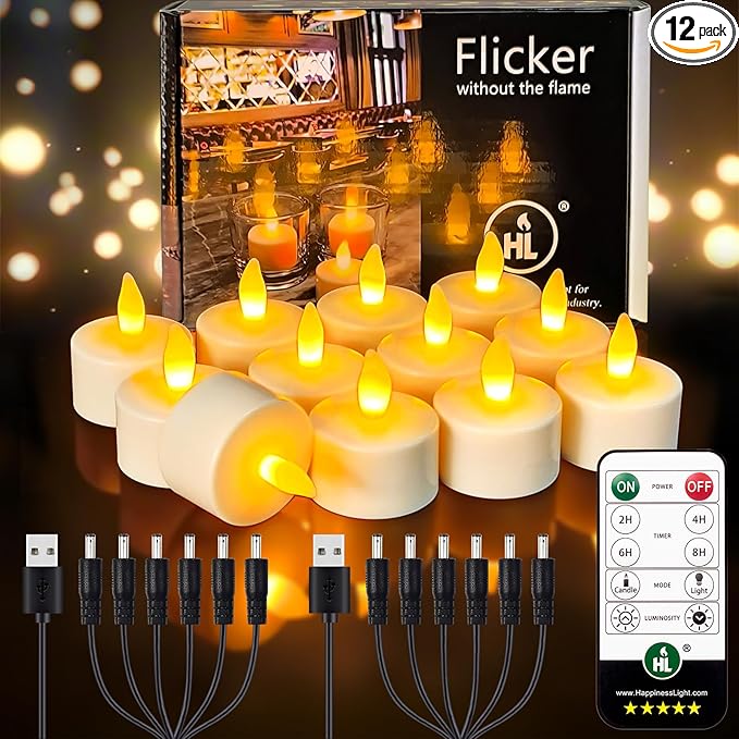 HL Flame-Free Tea Candle Set with Remote Control and Charging Base for Wedding, Home, and Party Decorations - 6/12-Piece Pack - happinesslight store