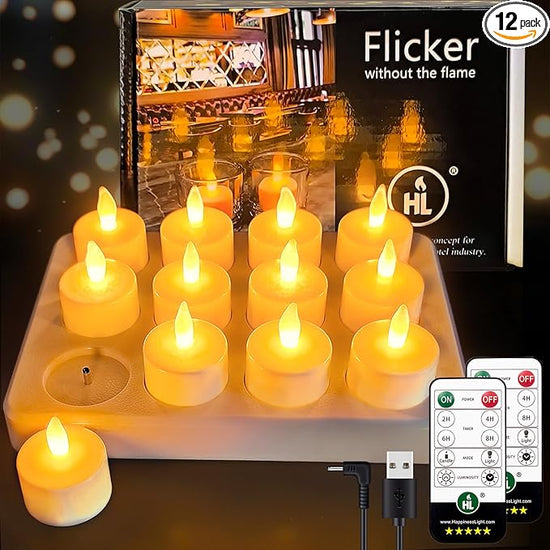 HL Flame-Free Candle Set with Remote Control and Charging Base, 6/12-Pack Rechargeable Battery-Powered Tea Candles