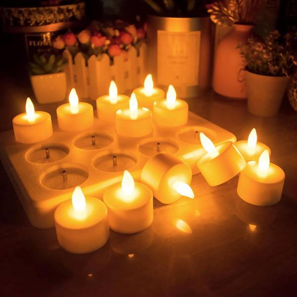 HL Flame-Free Battery Operated Tea Lights Set with Remote Control and Charging Base, 6/12-Pack Rechargeable Candles - Happinesslight