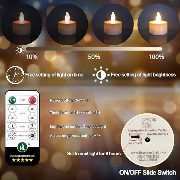 HL Flame-Free Tea Candles with Remote Control and Charging Base - 6/12-Pack for Wedding, Home, and Party Decorations - Happinesslight