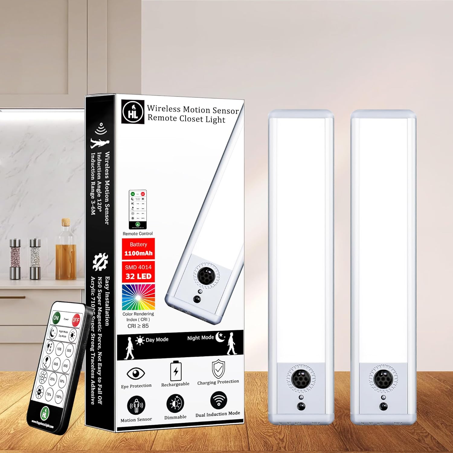 HL Under Cabinet Lights, 32 LED Rechargeable Battery Operated Motion Sensor Light Indoor Wireless, Magnetic with Remote Dimmable Under Counter Lights for Kitchen Stairs Hallway White