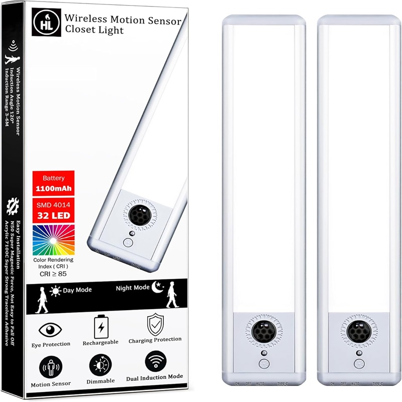 HL Under Cabinet Lights Lighting Wireless,Motion Sensor Light Indoor Night Light,Magnetic Installation,Battery Powered Operated Light for Kitchen, Stairs, Hallway, Closets